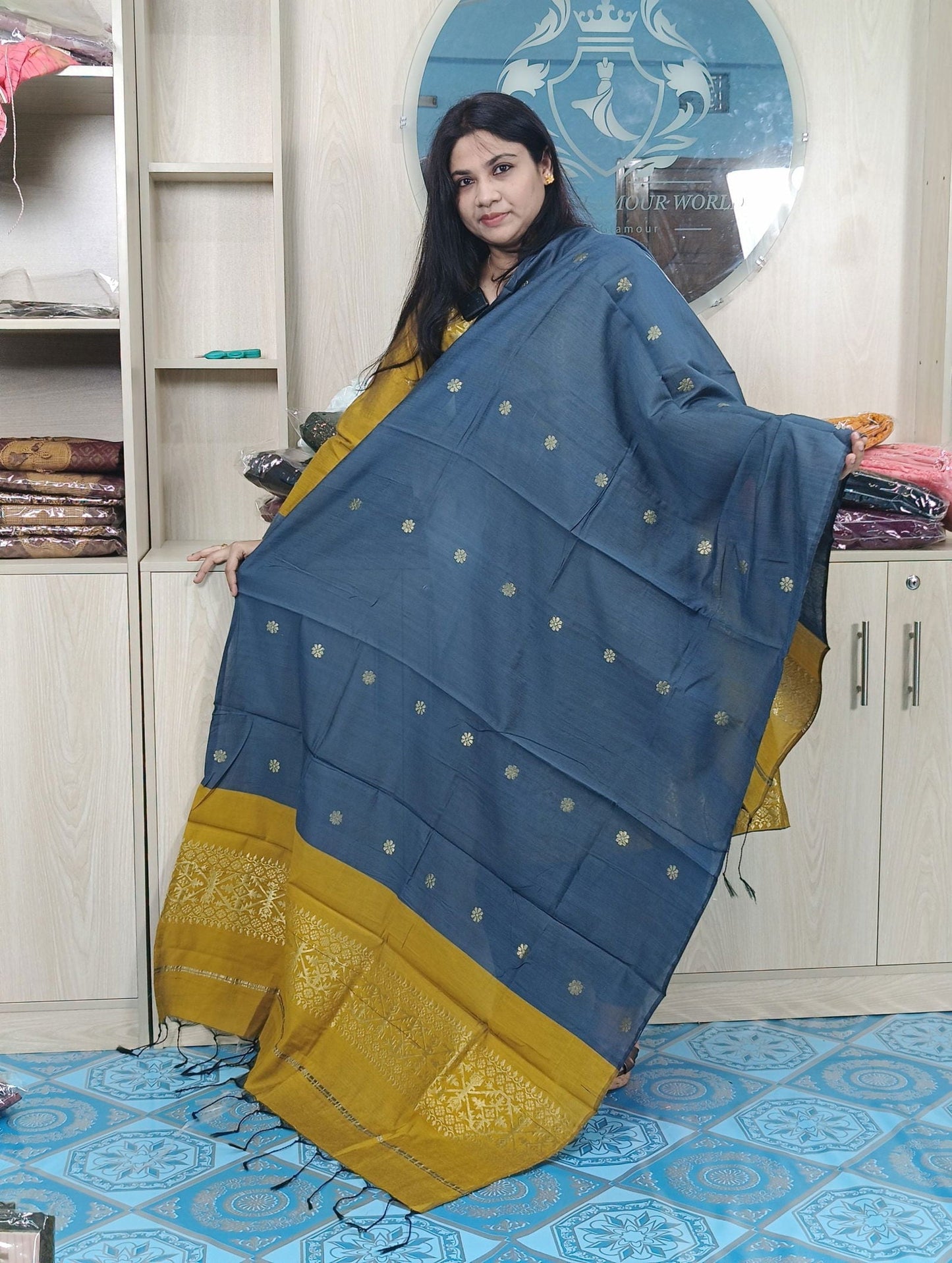 হাফ সিল্ক জামদানি তাঁত কাজের সালোয়ার কামিজ-বাসন্তী+অ্যাশ মিক্স কালার - China To BD Web