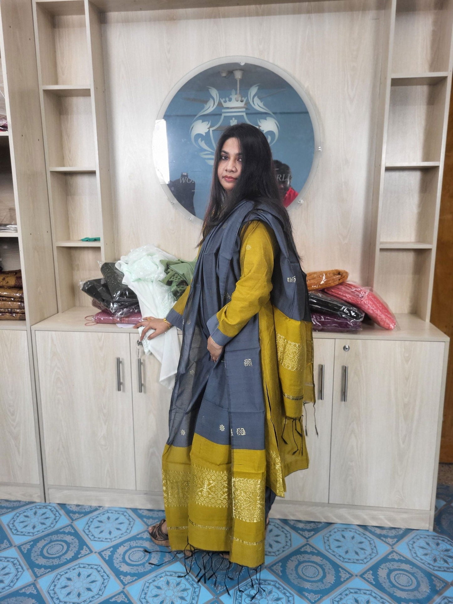 হাফ সিল্ক জামদানি তাঁত কাজের সালোয়ার কামিজ-বাসন্তী+অ্যাশ মিক্স কালার - China To BD Web