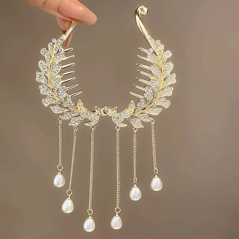 2 pcs-Pearl Tassel Hair Clip Rhinestone Hair Claw