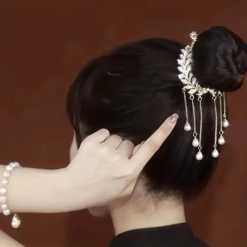 2 pcs-Pearl Tassel Hair Clip Rhinestone Hair Claw