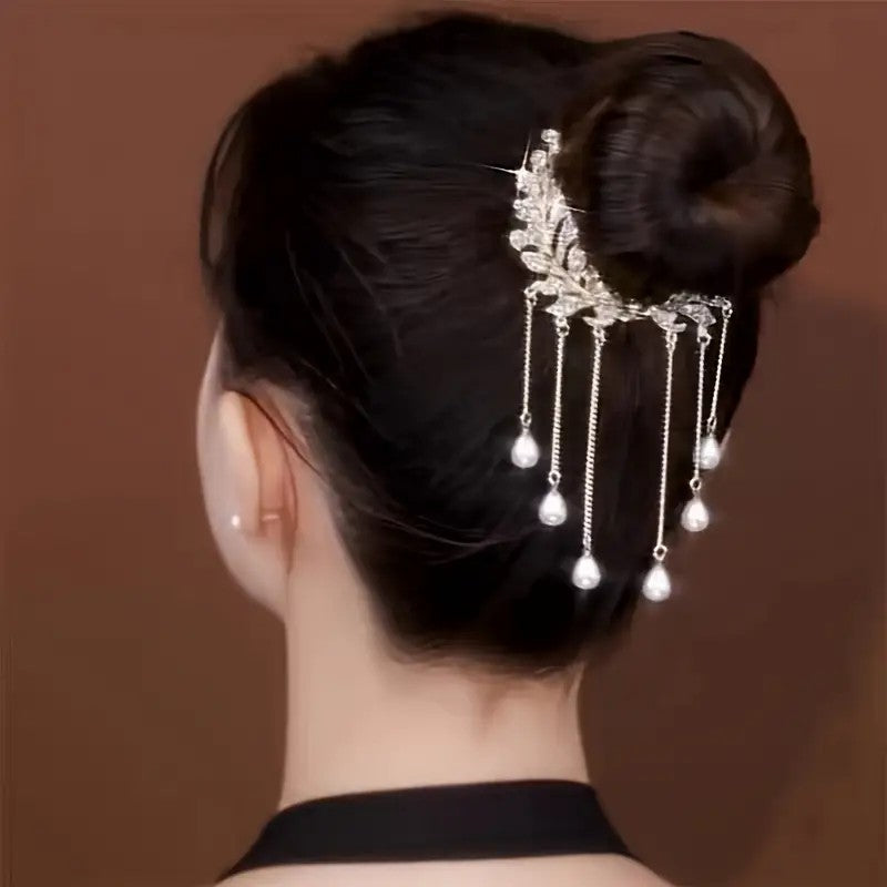 2 pcs-Pearl Tassel Hair Clip Rhinestone Hair Claw