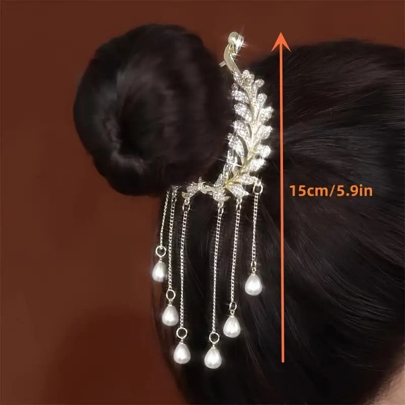 2 pcs-Pearl Tassel Hair Clip Rhinestone Hair Claw