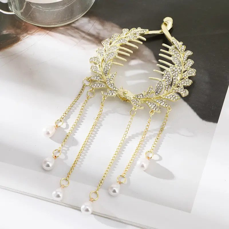 2 pcs-Pearl Tassel Hair Clip Rhinestone Hair Claw