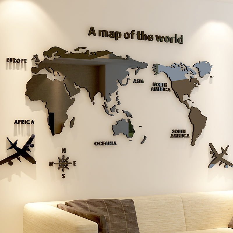 Modern World Map Acrylic Decorative 3D Wall Sticker For Living Room Bedroom Office Decor - China To BD Web